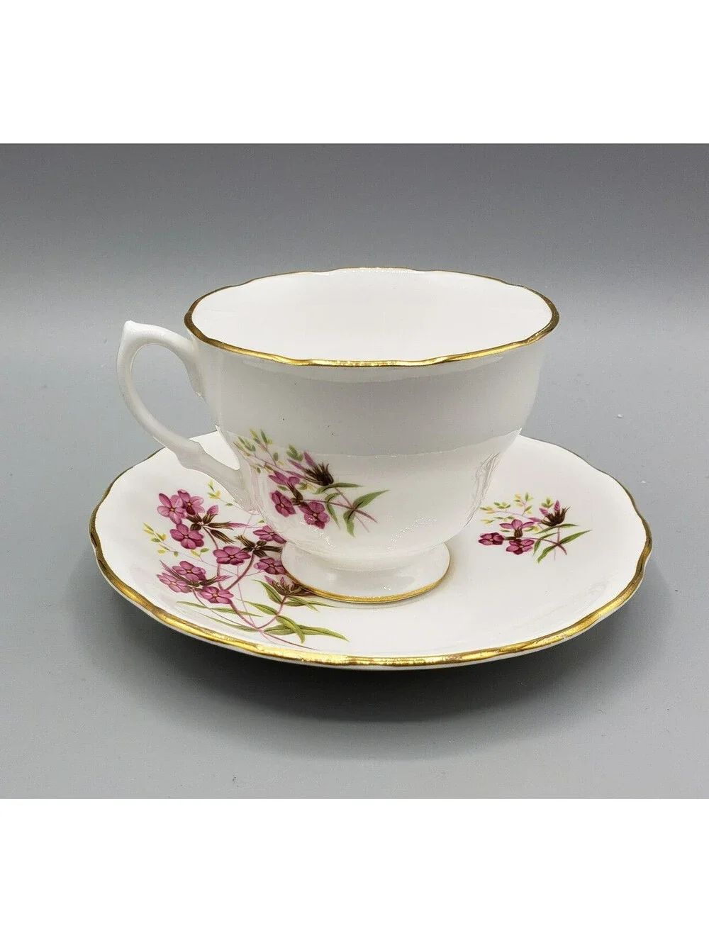 Royal Vale Teacup & Saucer Petite Violet Flowers Fine Bone China England Ridgway
